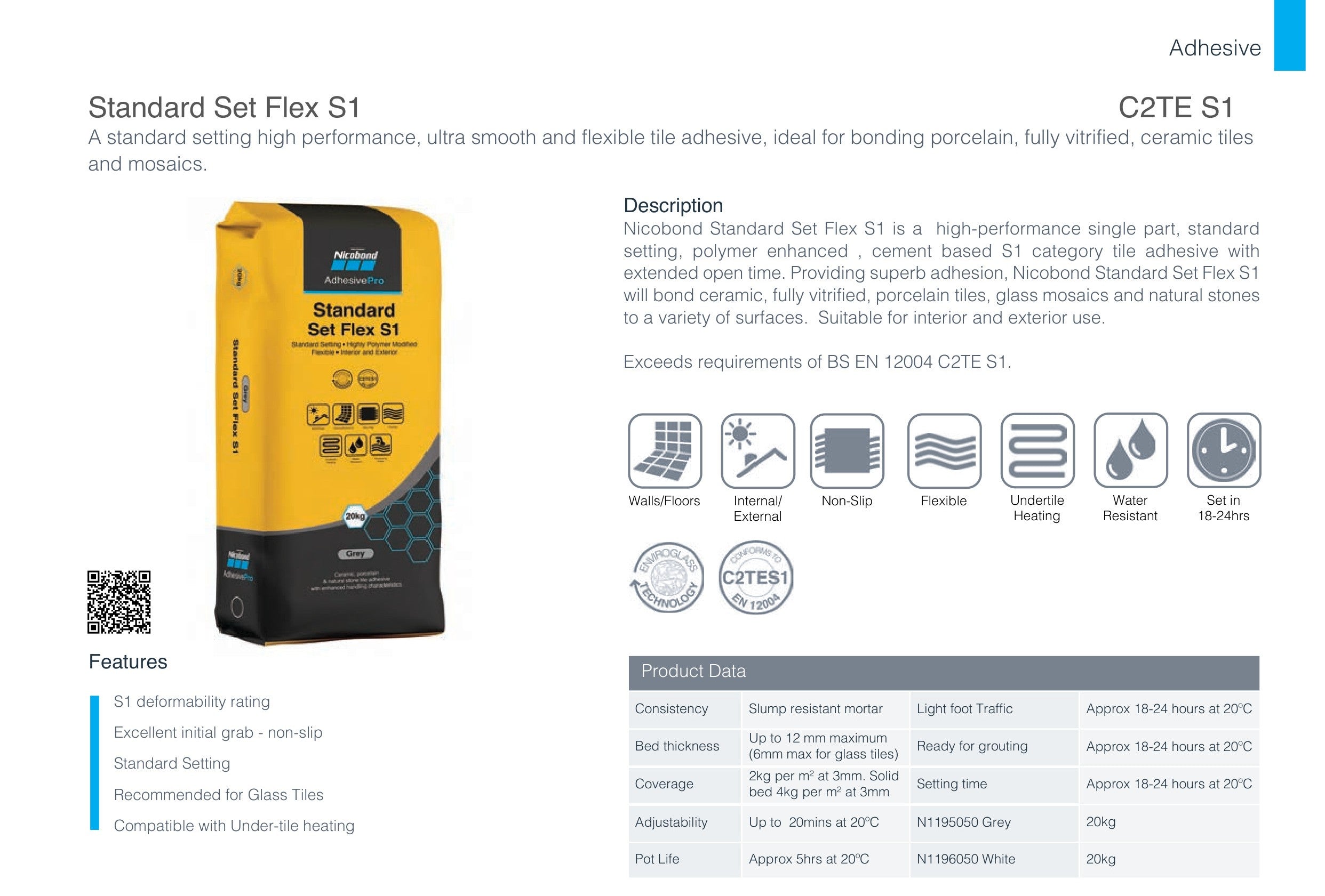 NICOBOND STANDARD SET FLEX S1 ADHESIVE WHITE 20KG - Pallet Deal