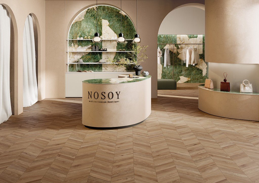 Honey Wood Chevron Mix Porcelain Floor and Wall Tile 75x407mm - FMV TILES & BATHROOMS