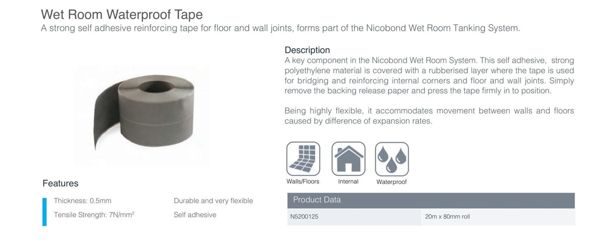 NICOBOND SELF ADHESIVE WET ROOM WATERPROOFING TAPE 20 METERS X80MM - FMV TILES & BATHROOMS
