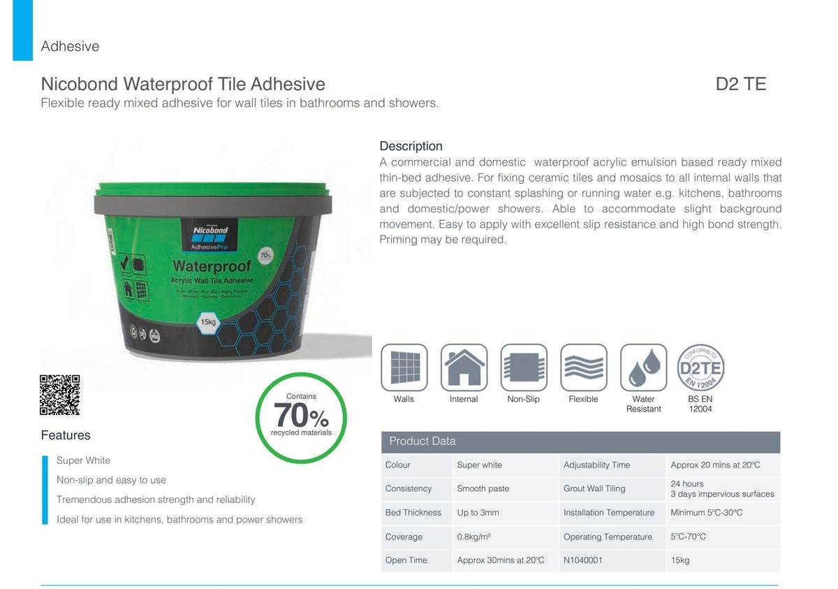 Nicobond Waterproof Tile Adhesive D2 TE – Flexible Ready Mixed Wall Tile Adhesive - FMV TILES & BATHROOMS
