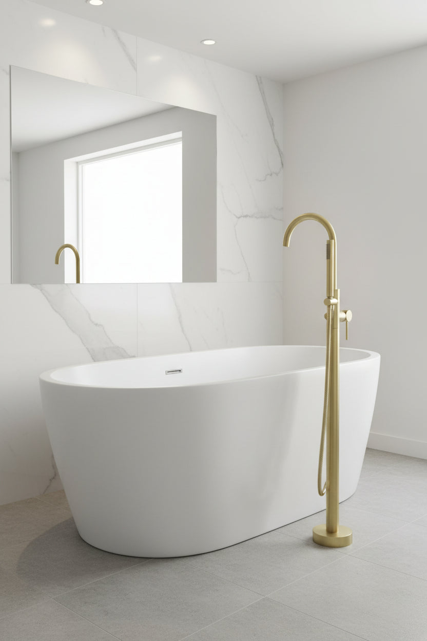 Quadro Brushed Brass Freestanding Bath Shower Mixer - FMV TILES & BATHROOMS